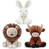 okegztoa 3Pcs 8 Inch Easter Stuffed Animals Toys for Girls Cute White Bunny Plush, Cuddly Highland Cattle Toy and Soft Crochet Lion Knitted Cotton Baby Plush Toy Gift for Kids and Newborns, Christmas