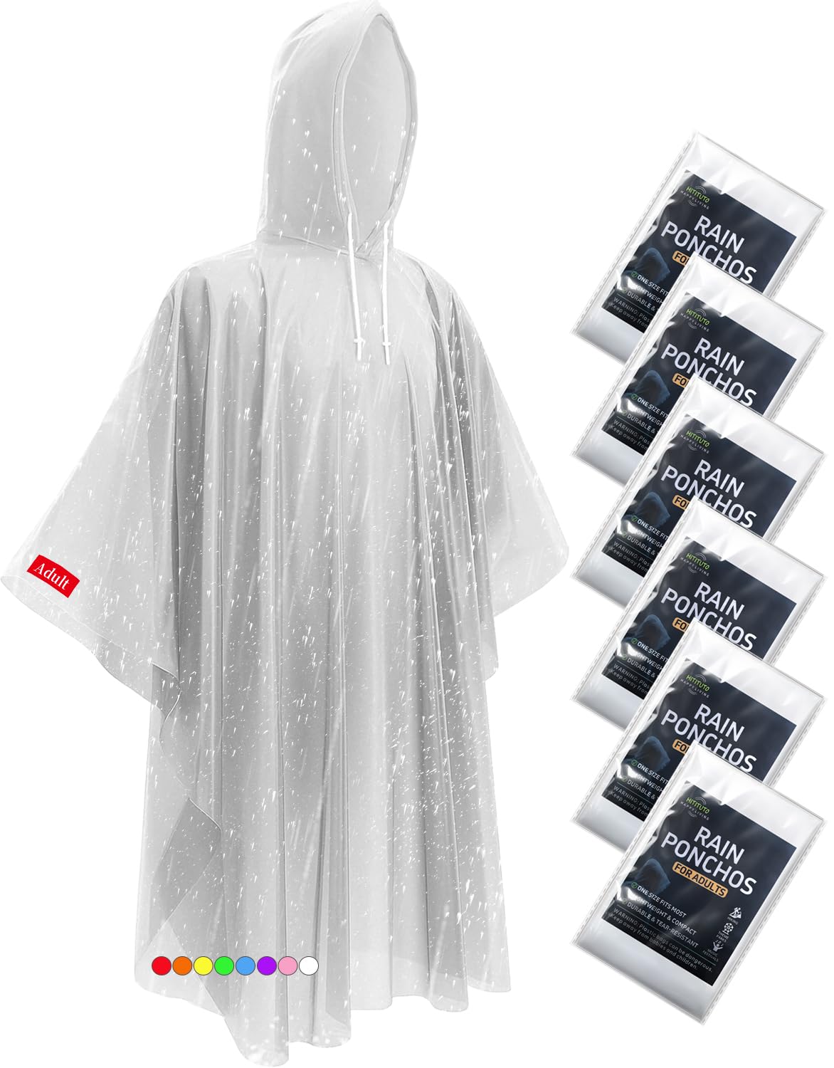 Photo 1 of Disposable Rain Ponchos - Extra Long Waterproof Emergency Poncho with Hood for Adults, Bulk Family 6 Pack Raincoat for Park, Concerts, Hiking, Camping Essentials, Home Emergency Survival Kits, Clear