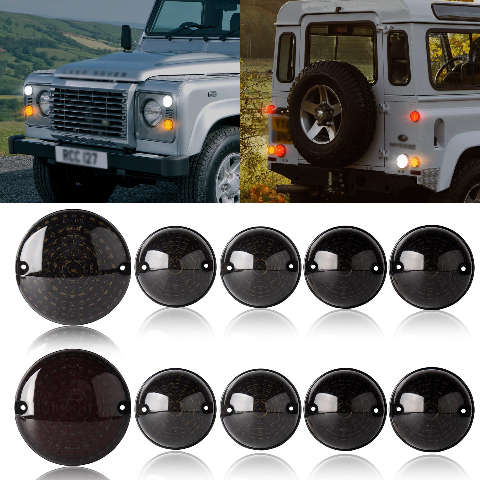 Photo 1 of Gempro Led Upgrade Fog Lights Kits Rear Tail Lamp Fog & Reverse & Front Side Light for 1990-2016 Land Rover Defender 90/110 Complete Lights 10PCS (Smoked Len)