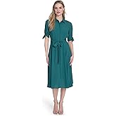 Calvin Klein Womens Short Tie Sleeve Collared Belted Midi Shirtdress
