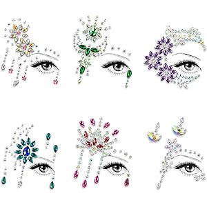Thinp 6 Sheets Face Gem Stickers, 3D Glitter & Self-Adhesive Gems for Face | Flower Rhinestones Face Jewels for Women Body Ey
