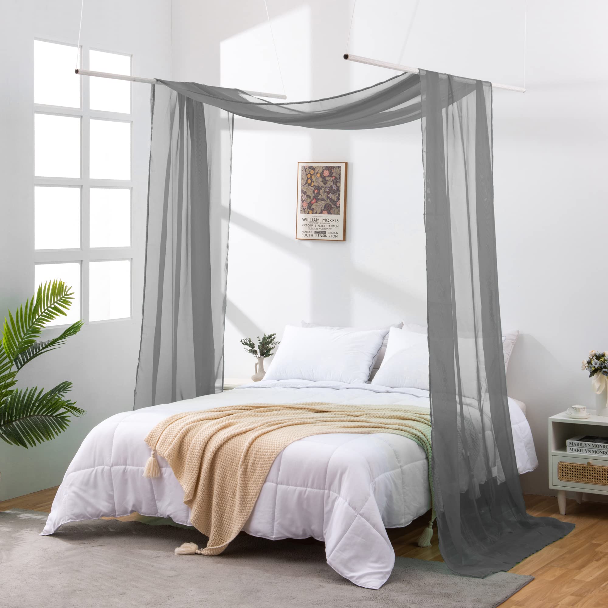 Photo 1 of JADE POKE Bed Canopy Curtains 216 Inch Long, Grey Sheer Canopy Bed Curtains, Bed Canopy for Kids Adult, Canopy Bed Curtains Hang from Ceiling, Window Valance Curtain Wide 52 (Queen, Grey)