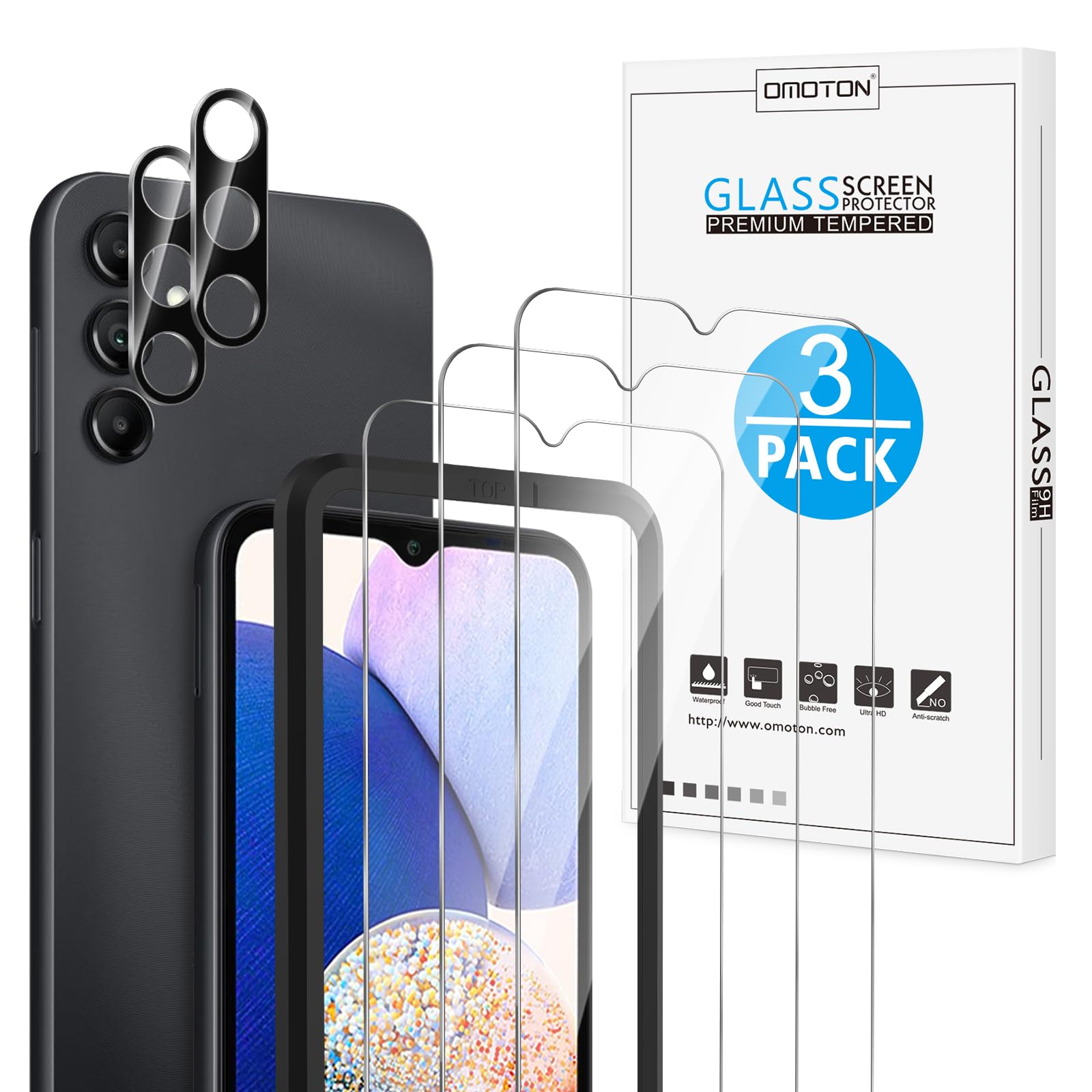 OMOTON Screen Protector for Samsung Galaxy A14 5G, [3+2 Pack] for Galaxy A14 screen protector & Camera Lens Protector, Tempered Glass/Alignment Frame(6.6 Inch, 2023 Released)