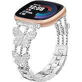 Alociaga Bling Metal Band, Compatible for Fitbit Versa 4/Sense 2/Versa 3/Sense Band, Diamond Butterfly Stylish Worn Daily Women Adjustable Strap for Fitbit Smartwatch