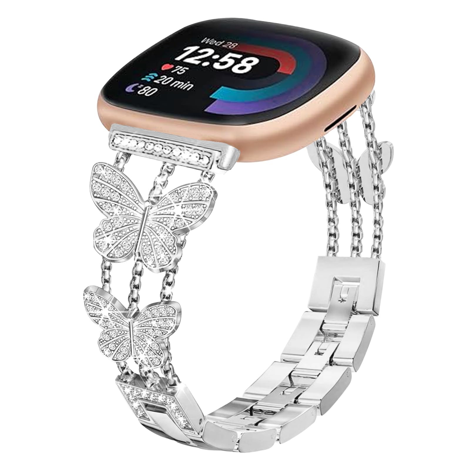 Photo 1 of Alociaga Bling Metal Band, Compatible for Fitbit Versa 4/Sense 2/Versa 3/Sense Band, Diamond Butterfly Stylish Worn Daily Women Adjustable Strap for Fitbit Smartwatch (Silver)