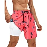 OlyPegic Mens Swim Trunks Bathing Suit Mens Swimwear Shorts Quick Dry with Compression Liner Beach Board with Zipper Pock