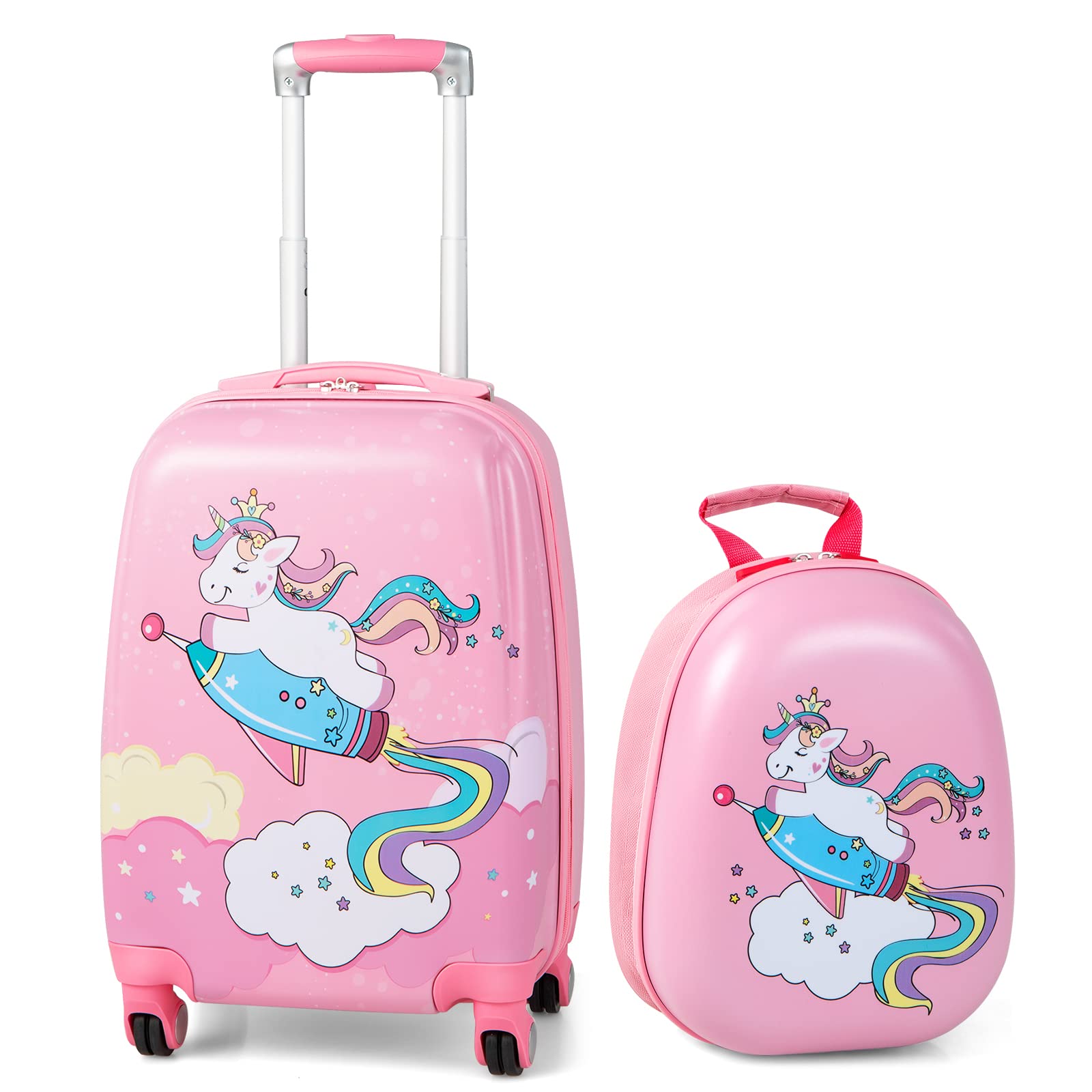 HONEY JOY Kids Luggage, 12" Toddler Backpack & 18" Travel Suitcase with Wheels, Lightweight Toddler Girls Suitcase, Durable ABS Hardshell, 2Pcs Carry On Luggage Set for Boys Girls Image