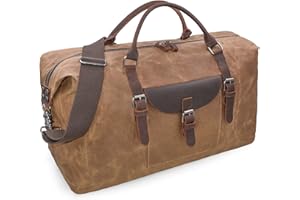 NEWHEY Oversized Travel Duffel Bag Waterproof Canvas Genuine Leather Weekend bag Weekender Overnight Carryon Hand Bag Brown