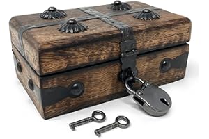 Nautical Cove Treasure Chest Wooden Box with Antique Iron Lock and Skeleton Key (X-Small 5 x 3 x 2) - Storage and Decor – Pirate Wooden Treasure Chest, Decorative Box with Hinged Lid,