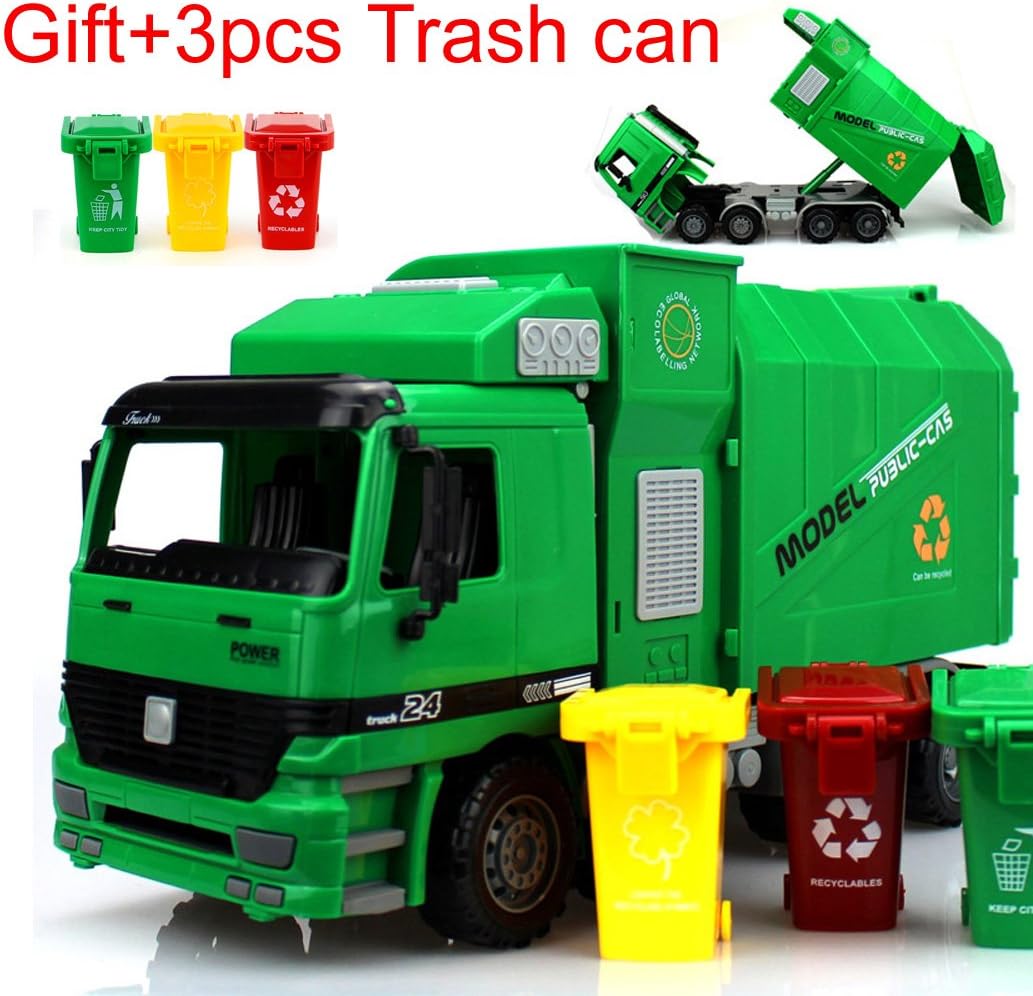 XPGG Rear Loading Garbage Truck Green car + Gift 3pcs trash cans