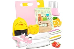 Suhctuptx Kids Knife Set for Real Cooking, Kids Kitchen Knives with Cutting Board Crinkle Cutters Cleaning Tools, Toddler Kitchen Toys Christmas Birthday Gifts for Girls Boy Age 2-10