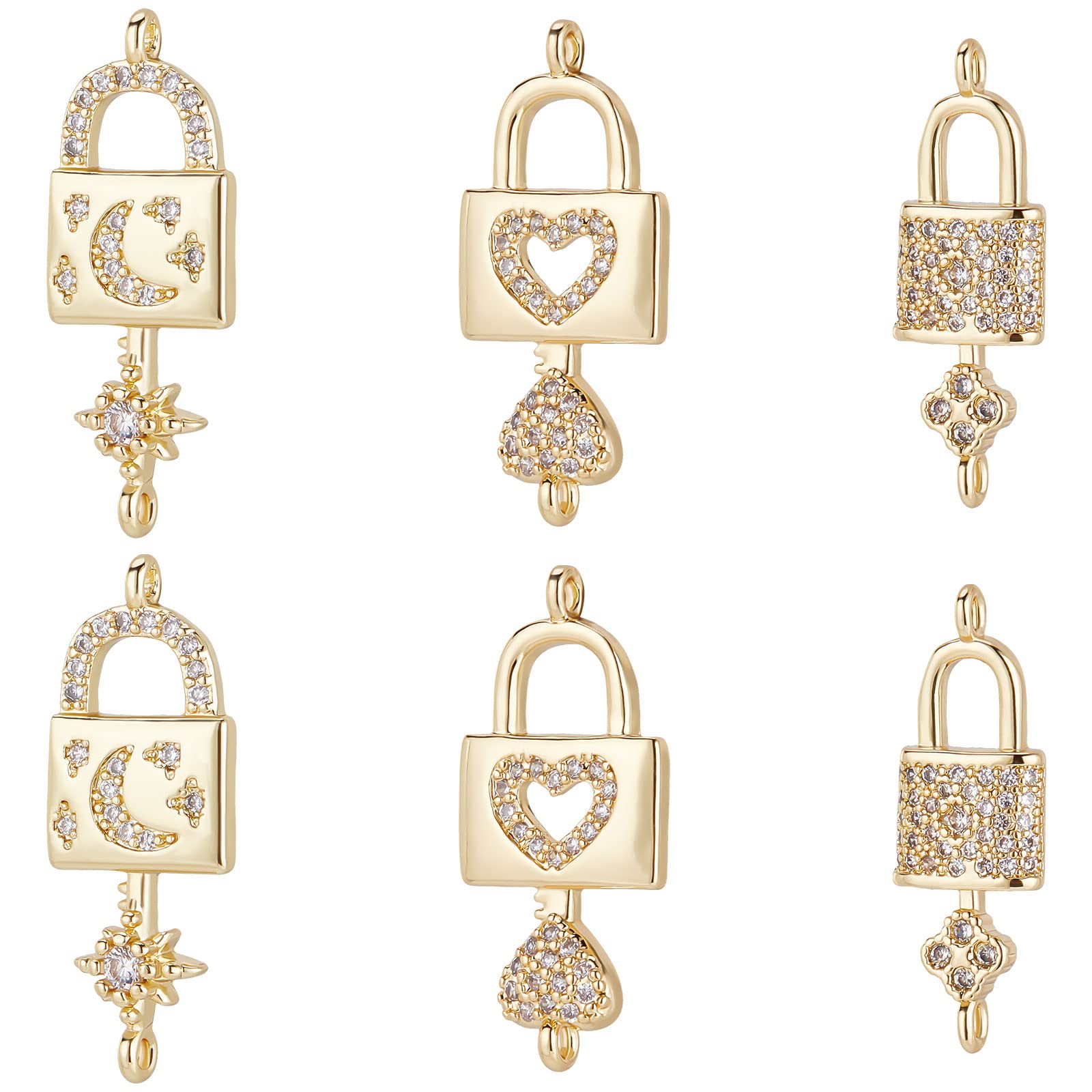 Beebeecraft 6Pcs 3 Styles Valentine s Day Lock with Key Charms 18K Gold Plated Brass Link Connector with Cubic Zirconia Heart Moon Star for DIY Craft Necklace Bracelet