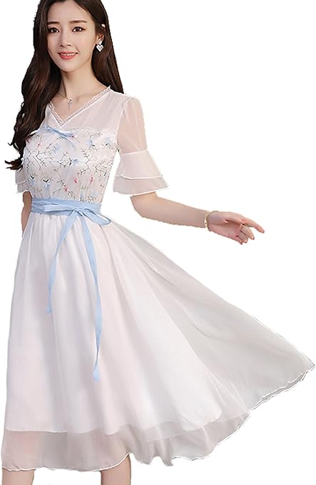 ケイミ Keimi レディース ロングワンピース ドレス マキシ Vネック Aライン フレア 白 花柄 ワンピース チュニック 通販 Amazon
