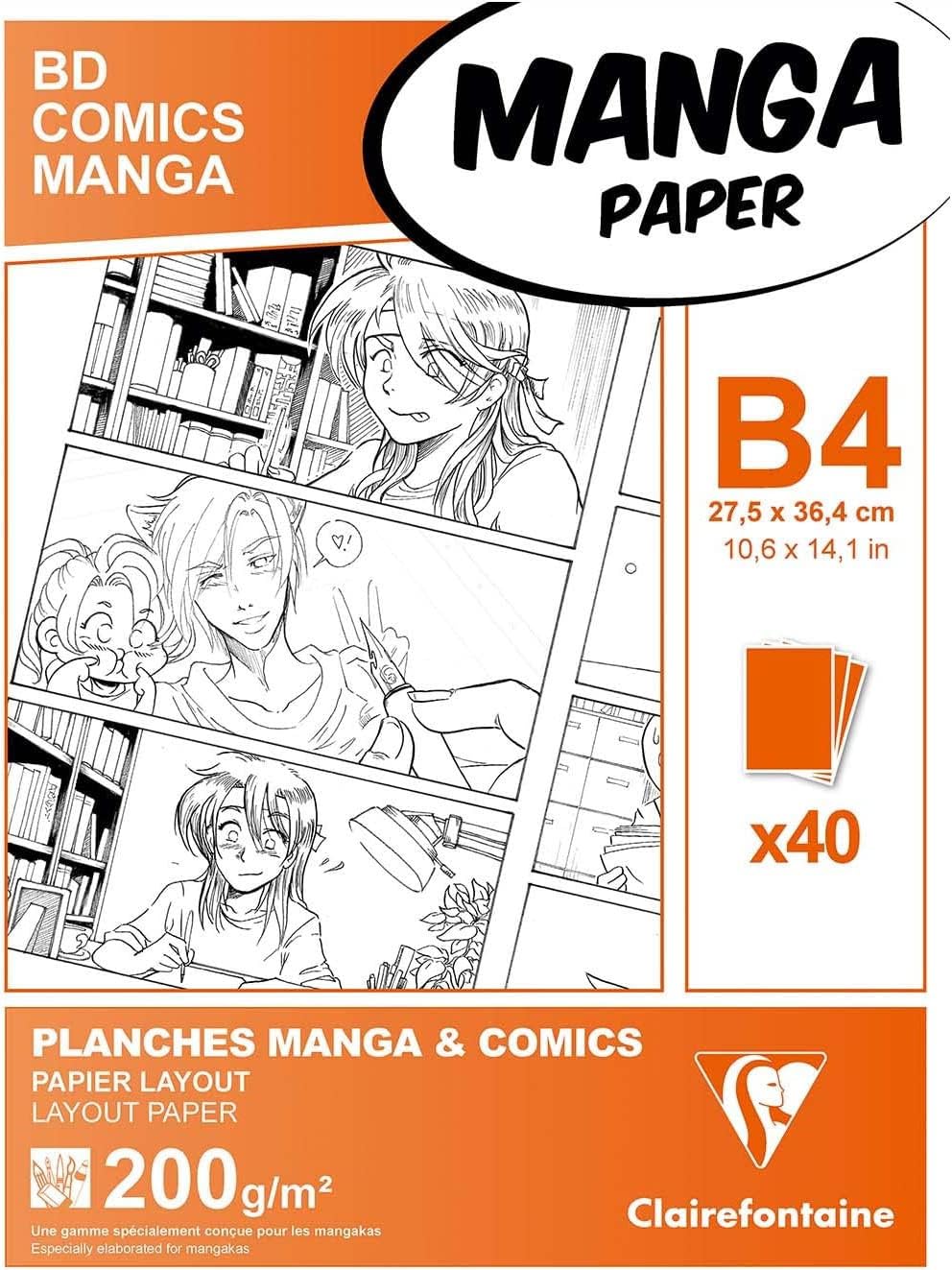 Clairefontaine - Ref 94049C - Manga Multi-Technique Paper (40 Sheets) - B4 (27.5x37.4cm) Size, 200gsm Paper, White & Smooth, Ideal for Markers, Bleedproof
