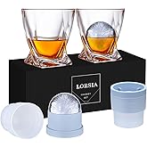 Whiskey Rocks Glass, Set of 4 (2 Crystal Bourbon Glasses, 2 Round Big Ice Ball Molds) In Gift Box - 11 Oz Old Fashioned Glasses for Scotch Cocktail Rum Cognac Vodka Liquor, Unique Gifts for Men