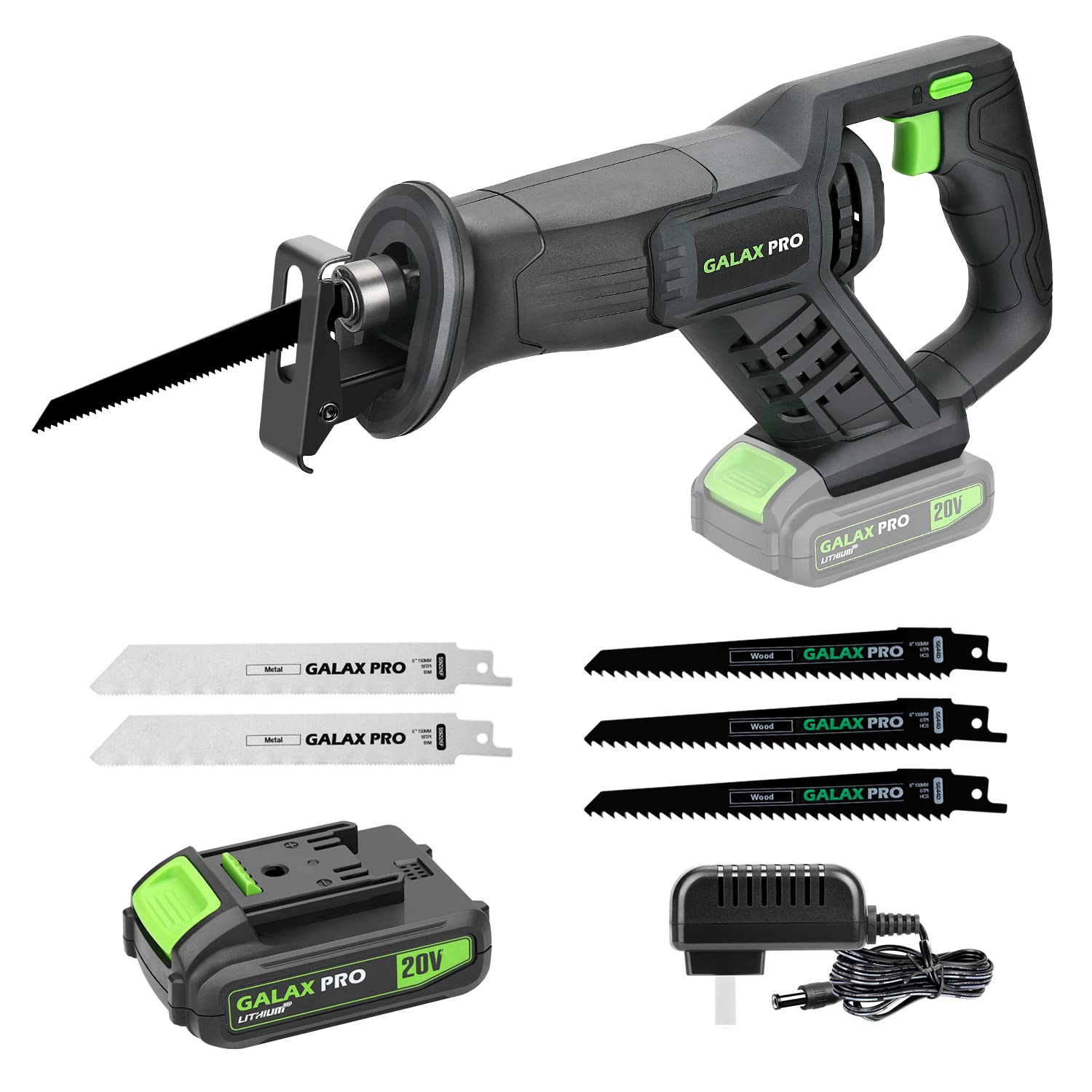 Photo 1 of GALAX PRO Cordless Reciprocating Saw with 20V 2.0Ah battery, 0-3000RPM Variable Speed Power Reciprocating Saws with 7/8" Stroke Length,5pcs Zallsaw Blade for thin wooden board, soft metal Cutting