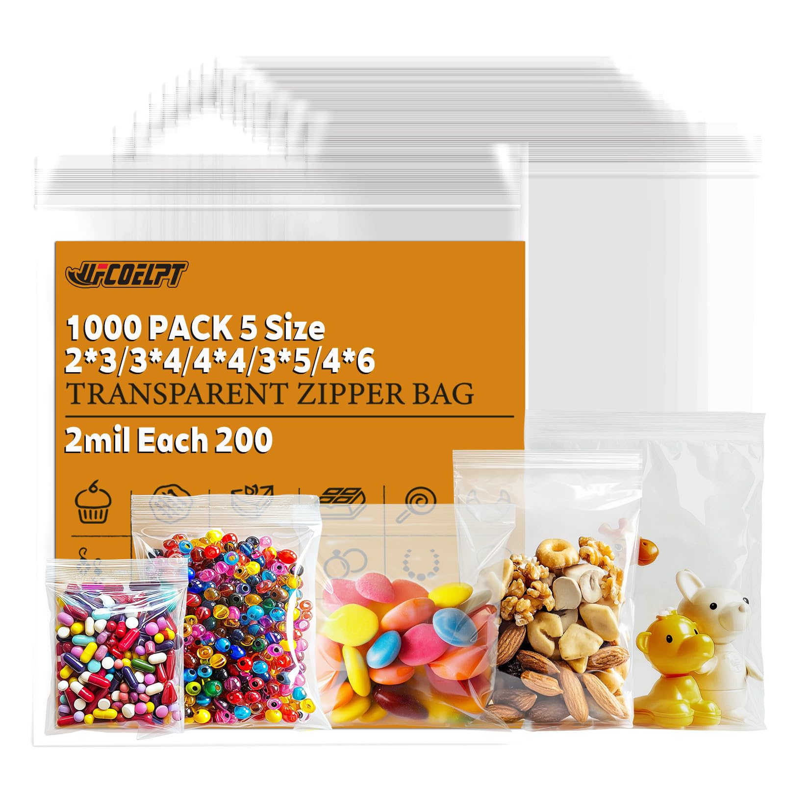 Photo 1 of 1000pcs Small Zip Bags Assorted Sizes (2x3, 3x4, 4x4, 4x6, 3x5 inch 200pcs each) - for Craft & Jewelry Storage, Food Grade Plastic Bags