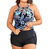 Aqua Eve Women Two Piece Plus Size Swimsuit High Neck Tankini Set Tummy Control Bathing Suit with Shorts