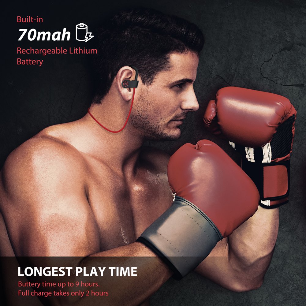 Sports Bluetooth Headphones, Wireless Sports Earphones with w Mic, Waterproof Sweatproof Earbuds for Gym Running - 8 Hour Battery, Noise Cancelling, Soft Security Hooks HD Stereo Headsets