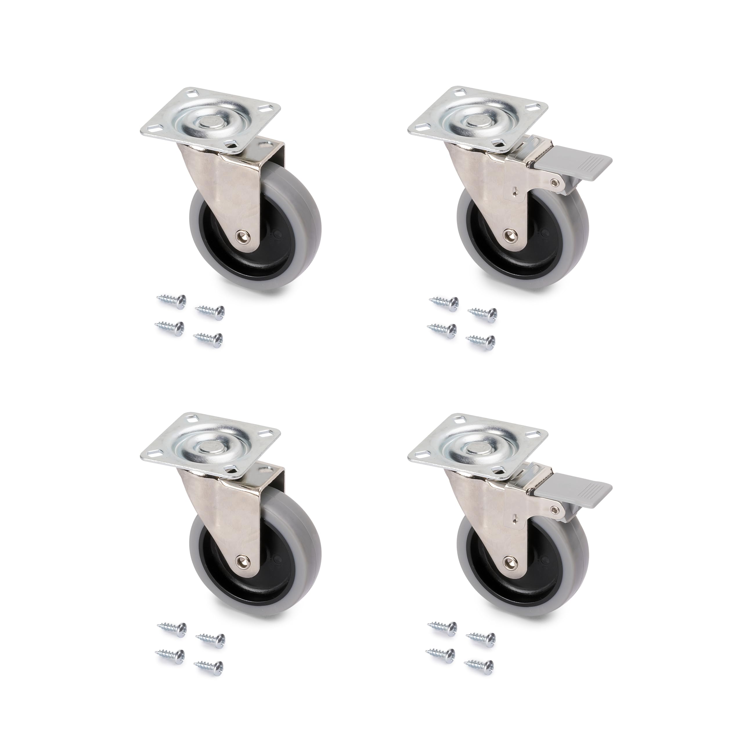 Emuca - Pack of 4 grey swivel castors for furniture (2 with brake and 2 without brake) 75mm (2,9 inch) diameter with fixing plate and ball bearings