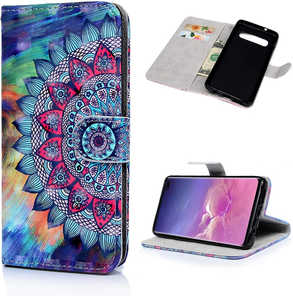 Case for Samsung Galaxy S10+ Plus, S10+ Flip Case Shockproof Folio Notebook Kickstand Card Slots 3D Effect Painting PU Leather Wallet TPU Bumper Shell Slim Fit Protective Cover Totem Flower
