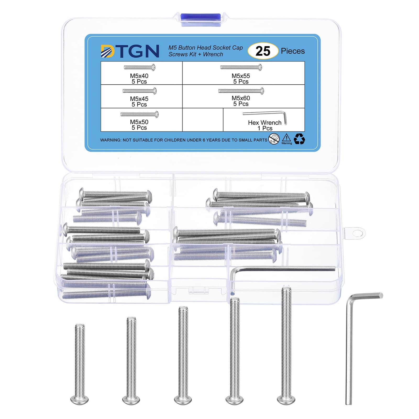 DTGN 25Pack M5(D) Button Head Socket Cap Screws Kit - 40/45/50/55/60mm(L) 304 Stainless Steel Full Thread Hex Socket Cap Screw Assortment with S3 Wrench - Good for Machine