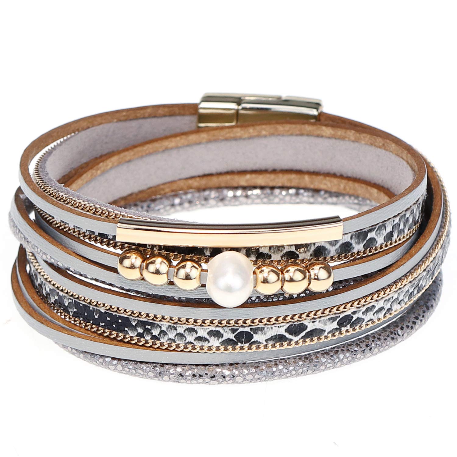Gleamart Leather Cuff Bangle Boho Magnetic Buckle Pearl Bead Multilayer Wrap Bracelet for Women Gray