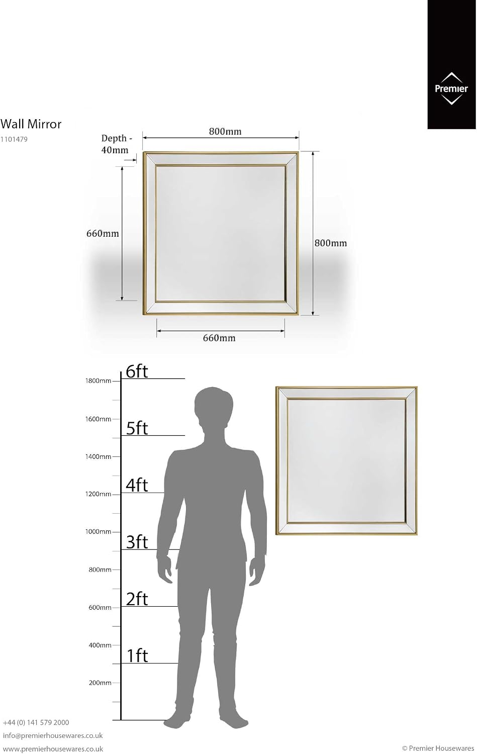 Premier Housewares Framed Wall Mirror - Gold, 3L x 80W cm - Image 3