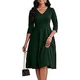 CLOCOR Casual Dresses for Women Semi Formal Fit and Flare Dress A-Line V-Neck 3/4 Sleeve Church Dresses with Pockets
