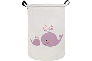 NRMEI Round Storage Basket Laundry Basket Foldable Waterproof Coating Nursery Hamper for Living Room Bedroom and Clothes Toys(Round Purple Whale) 19.7H*15.7D inches