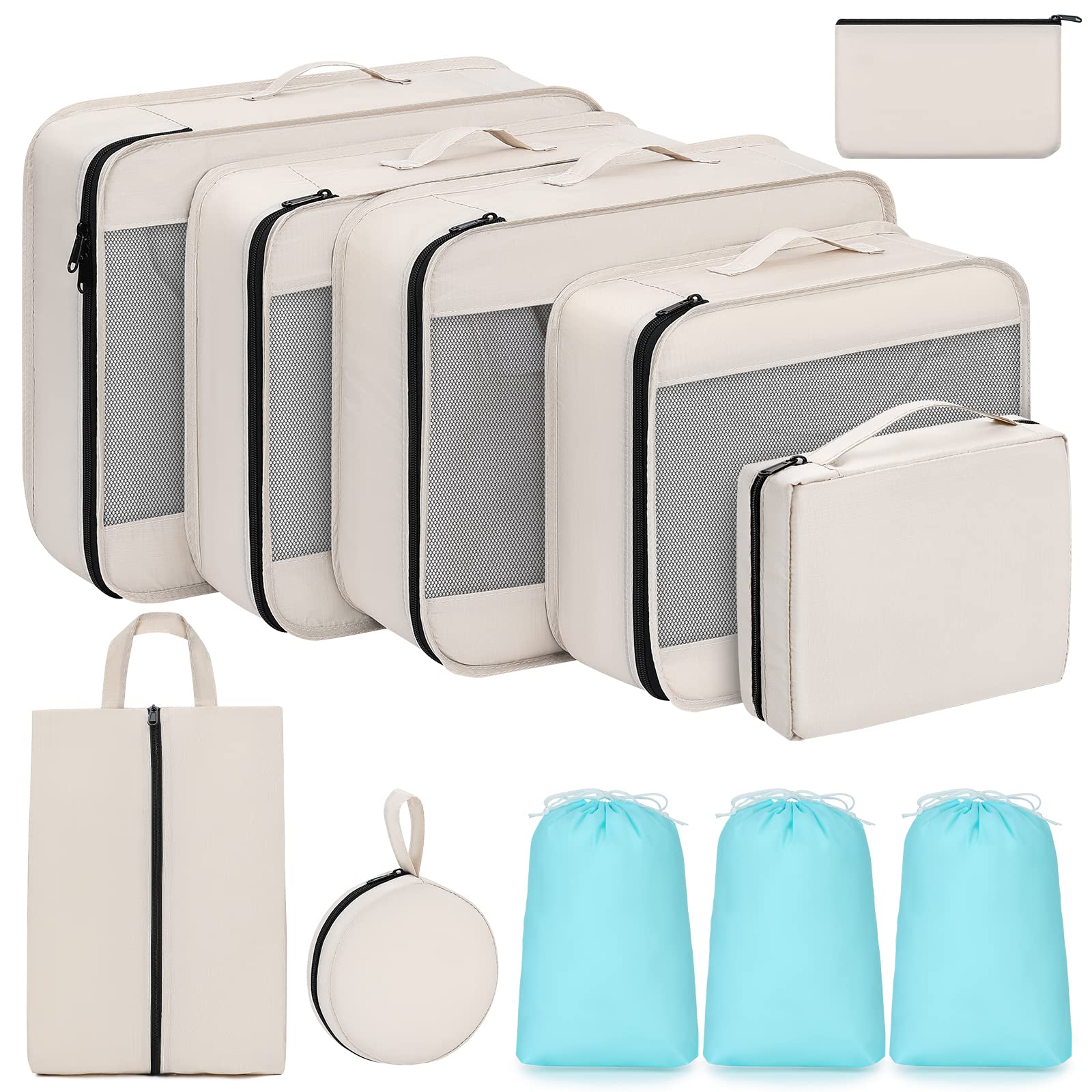 Packing Cubes for Travel 11 Sets of Packing Cubes for Suitcases, Travel Cubes Organizer, Luggage Organizer with Shoes Bag Underwear bag Electronics Bag（Beige）