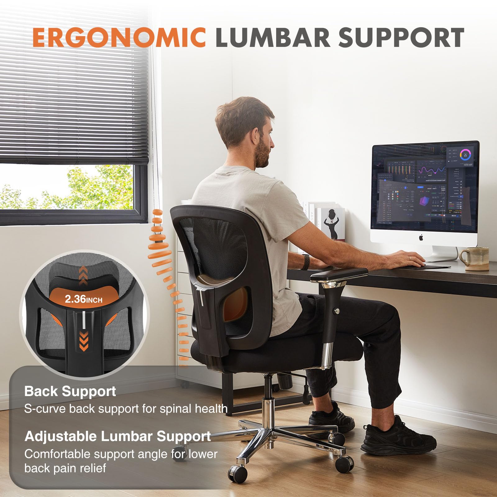 Sweetcrispy Ergonomic 500lbs Wide Heavy Duty Big and Tall Home Office Chair with Adjustable Lumbar Support and Wheels, 3D Armrest, for Adults - Image 3
