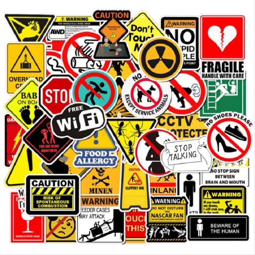 JIANGGUOMIN 50PCS Warning Stickers Danger Banning Signs Reminder Waterproof Sticker to DIY Laptop Motorcycle Luggage Snowboard Car Decal