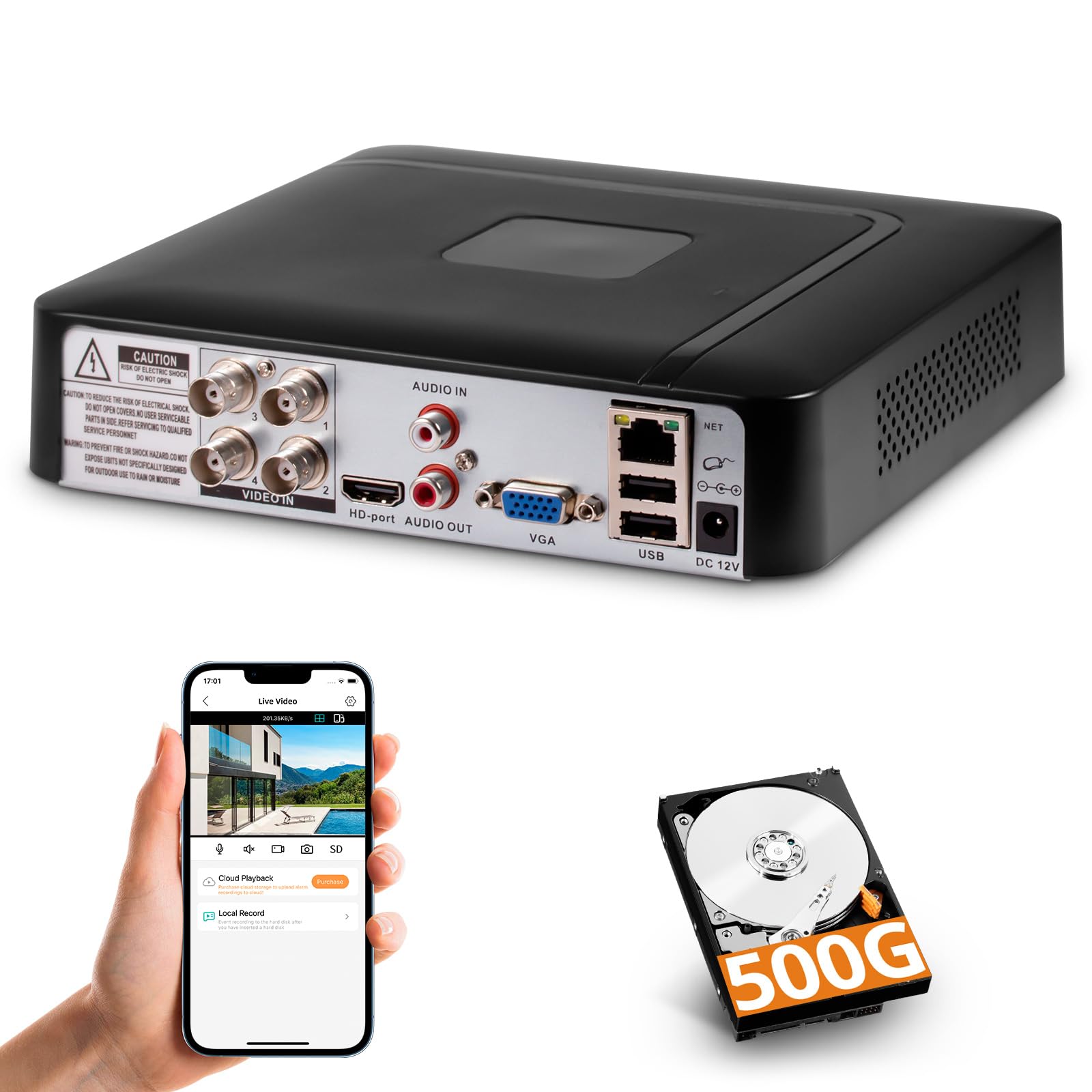 4 Channel CCTV Surveillance DVR with 500G HDD, 4 Ch 5MP H.265+ DVR Video Recorder for Analog/XVI/CVBS/AHD/TVI/IP Cameras, DVR for Security Camera Home Surveillance System, Mobile APP & PC Remote