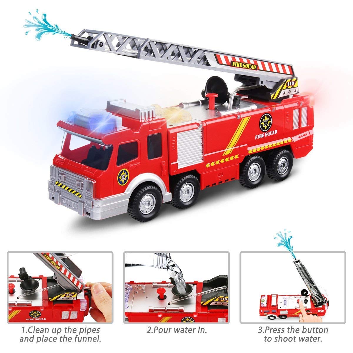 Amazon.com: FUNTOK Electric Fire Truck Toy, Engine Rescue Vehicle with  Lights Sirens Extending Ladder and Water Pump Hose to Shoot Water Bump and  Go Action: ...