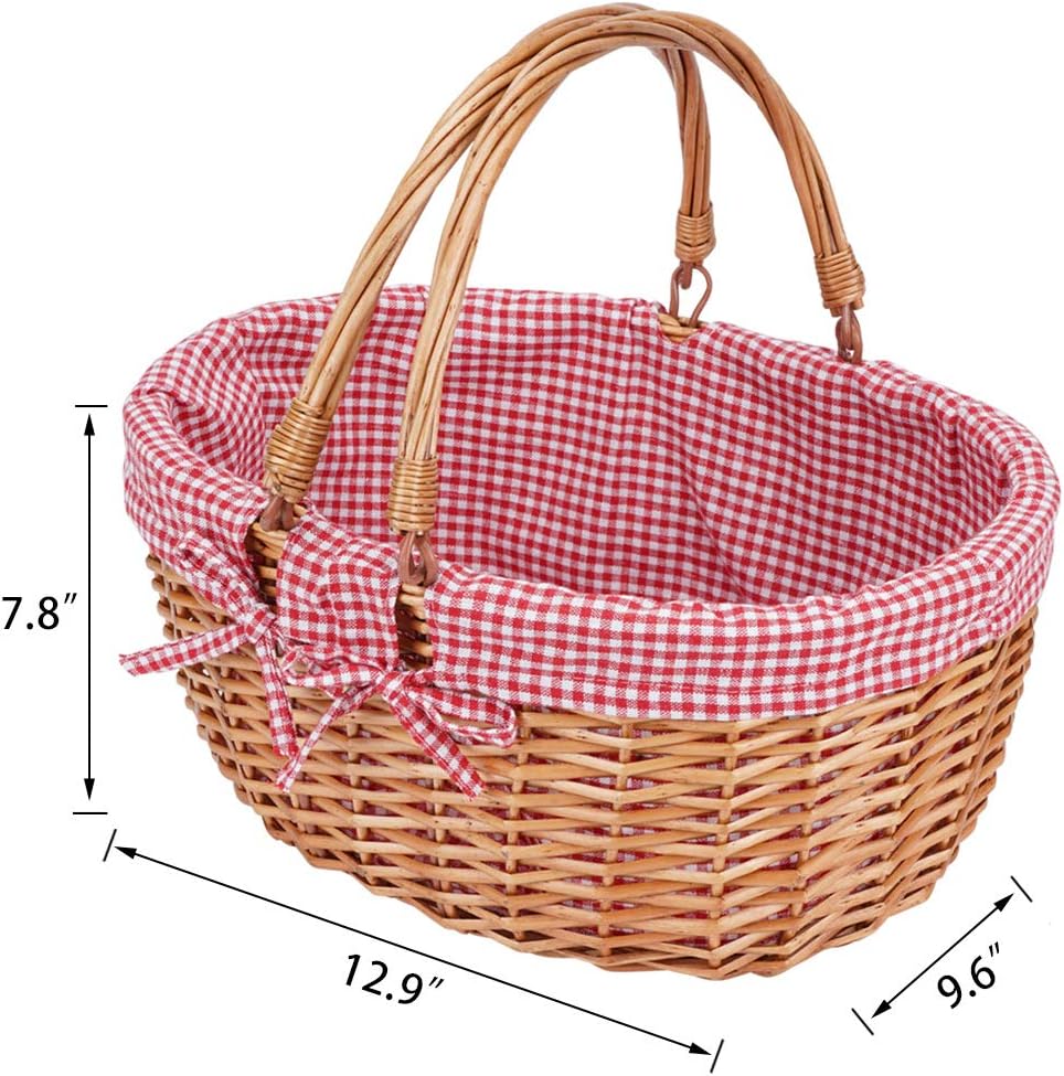 G GOOD GAIN Wicker Picnic Basket with Double Folding Handles,Willow Picnic Hamper,Natural Hand Woven Easter Basket,Easter Eggs and Candy Basket,Bath Toy and Kids Toy Storage,Gift Packing Basket.Red: Kitchen & Dining