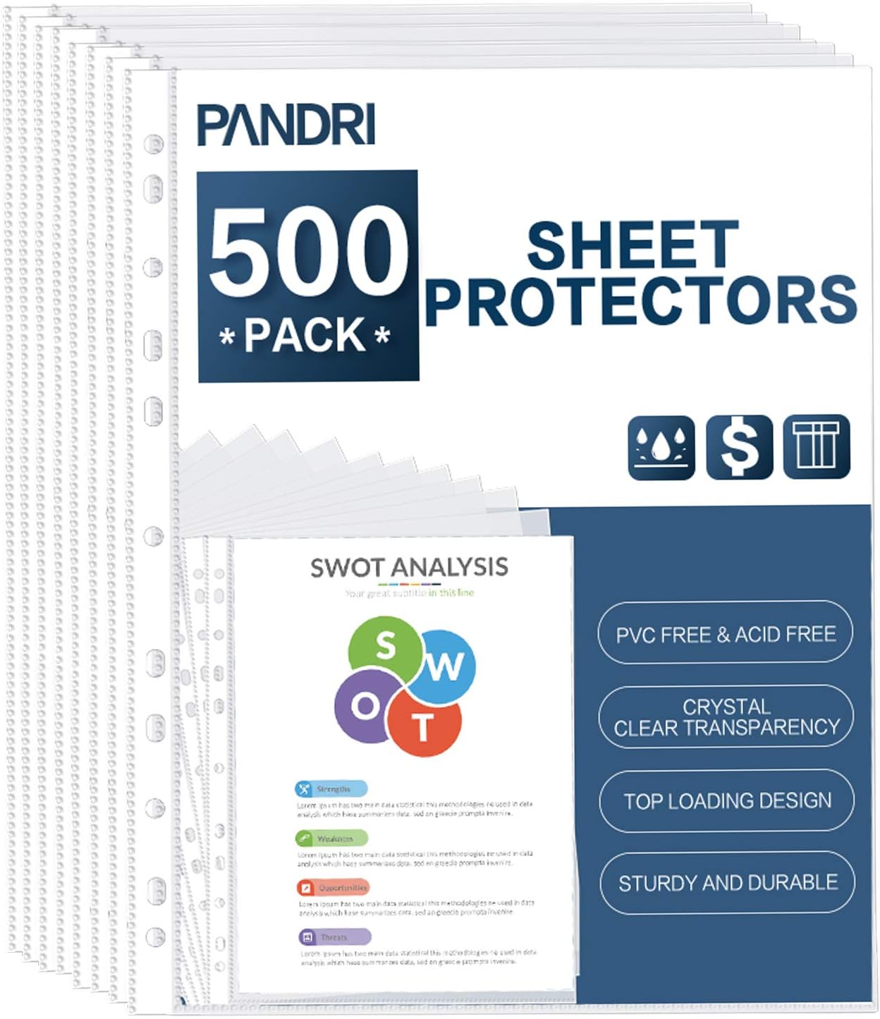 Sheet Protectors, PANDRI 500 Pack Clear Heavy Duty Plastic Page Protectors Sheet Reinforced 11-Hole Fit for 3 Ring Binder Fits Standard 8.5 x 11 Paper, 9.25 x 11.25 Top Loaded, Acid Free : Office Products