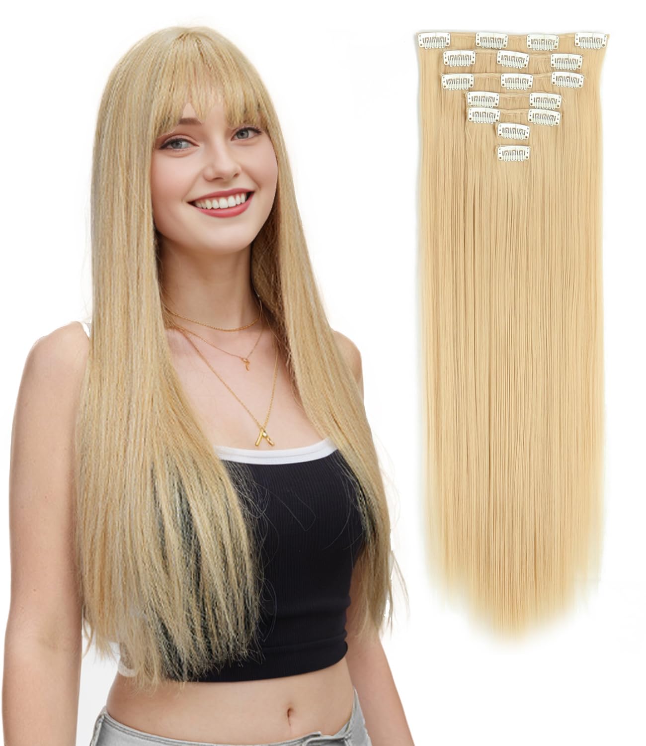 Royalfirst Clip in Hair Extensions for Women 22 Inch 7PCS Clip Ins Long Straight Hair Extension Double Weft Synthetic Thick Hairpieces Halloween Cosplay Daily Use (9#)