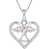 FJ Guardian Angel Necklace 925 Sterling Silver Heart Angel Wings Pendant Birthstone Jewelry for Women
