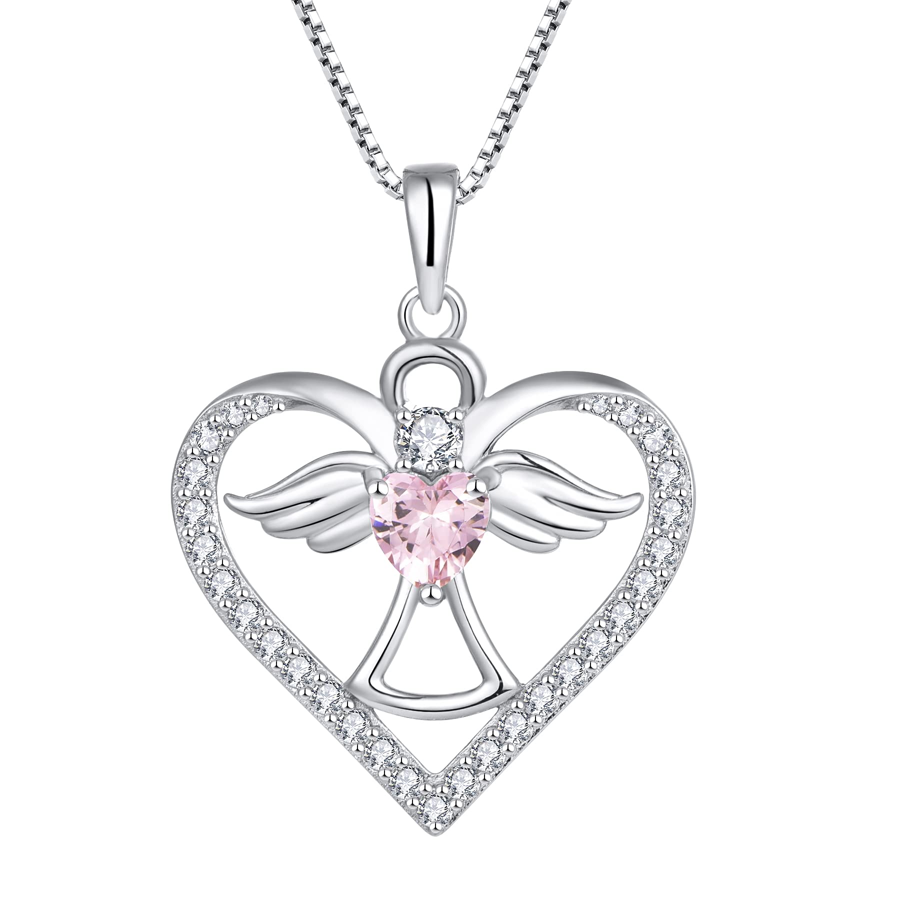 FJ Guardian Angel Necklace 925 Sterling Silver Heart Angel Wings Pendant October Birthstone Necklace Pink Tourmaline Jewellery for Women