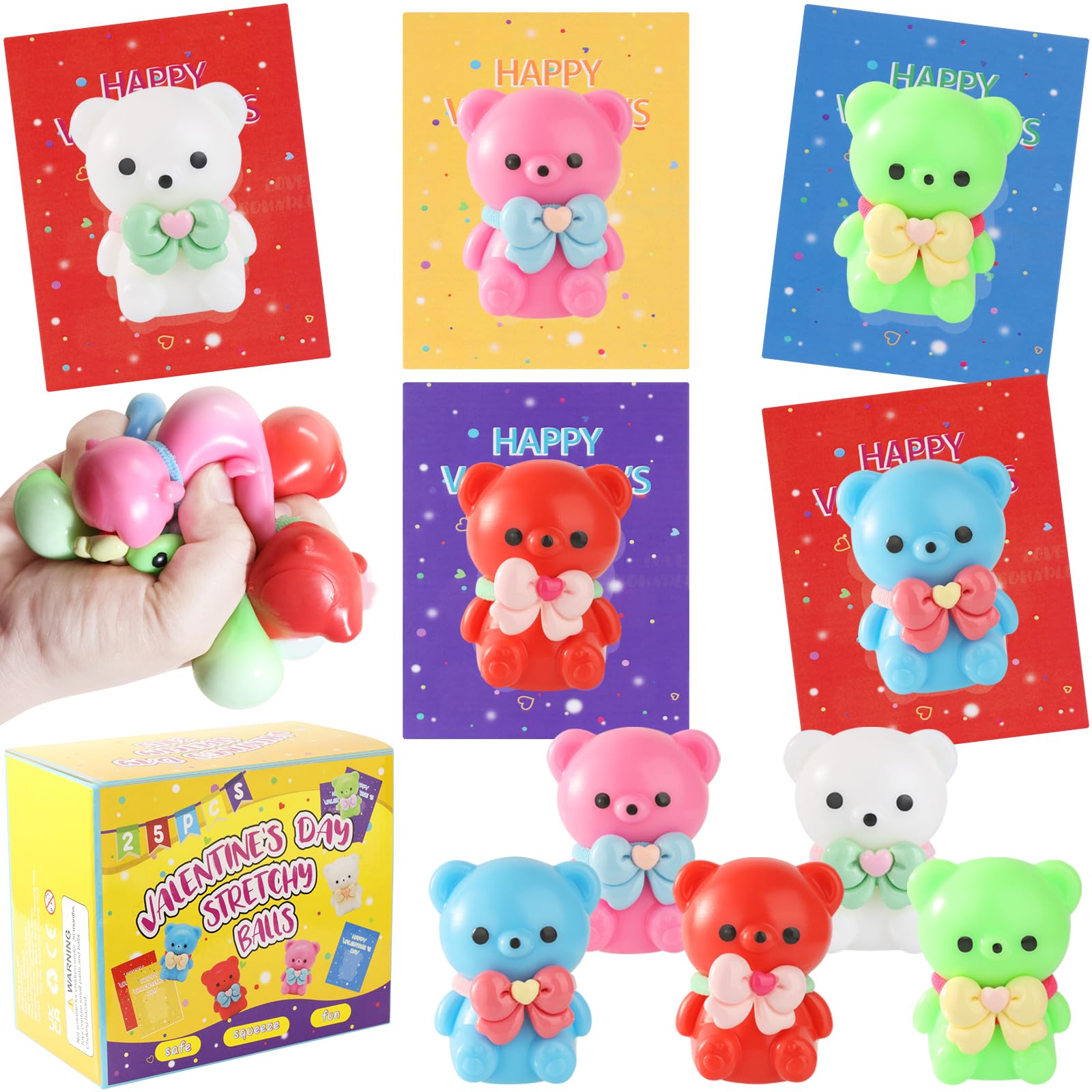 Photo 1 of 25 Pack Valentines Day Stress Balls Set - Valentine Gift Exchange Squeeze Relief Balls Fidget Stretchy Toys, Cute Bear Squishy Toys, Complete Classroom Exchange Kit, Sensory Fidget Toys for Kids