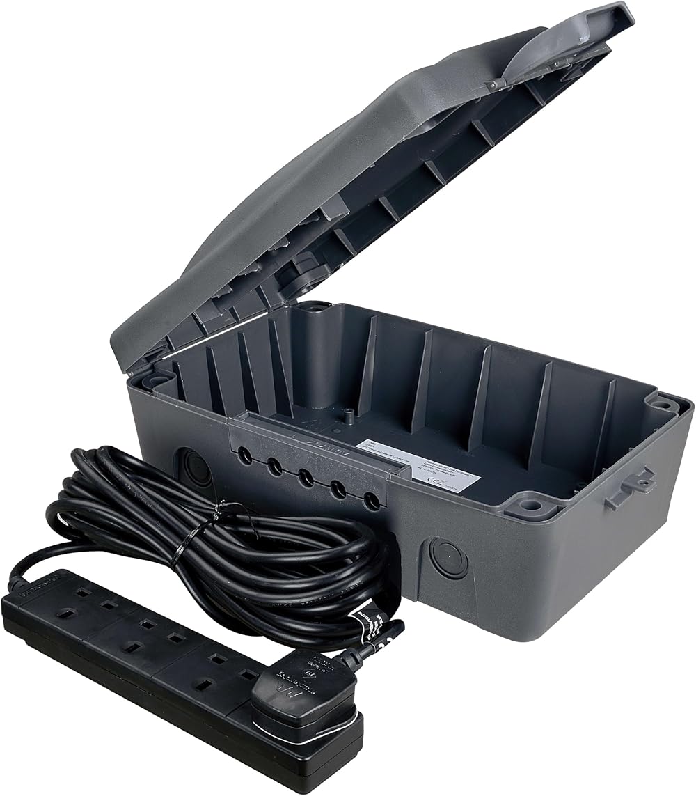 Masterplug Weatherproof Outdoor 4 Socket Extension Box 10m Lead IP54 Dark Grey