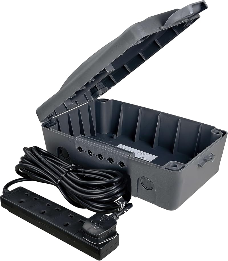 Masterplug Weatherproof Outdoor 4 Socket Extension Box 10m Lead IP54 Dark Grey
