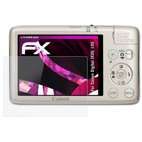 atFoliX Glasfolie kompatibel mit Canon Digital IXUS 130 Panzerfolie, 9H Hybrid-Glass FX Schutzpanzer Folie
