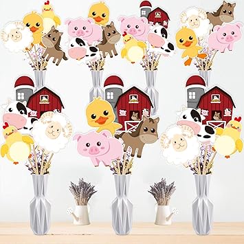 Blulu 28 Pieces Farm Animal Centerpiece Cards And Sticks For Farm