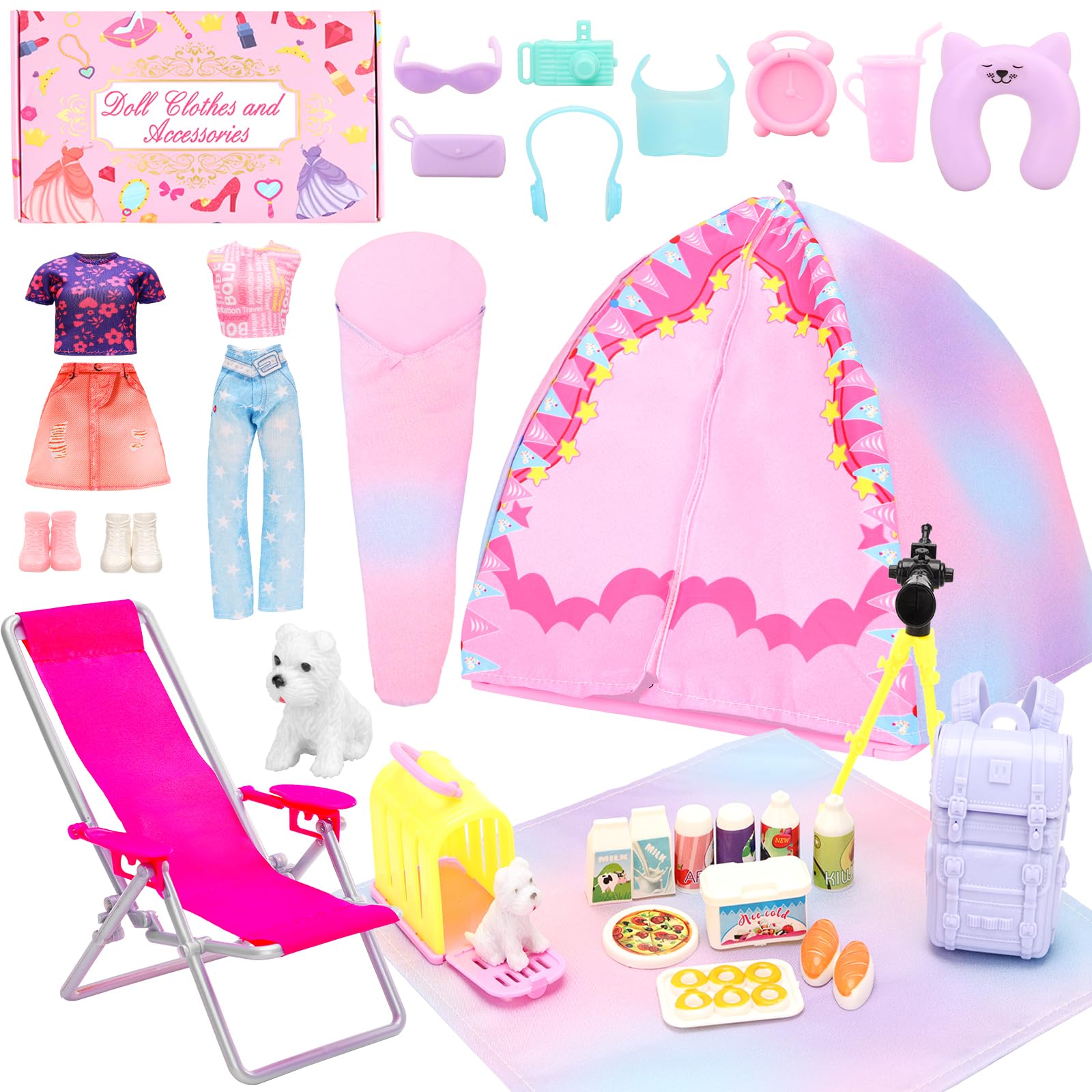 Photo 1 of 34 PCS Girl Doll Travel Camping Tent Set Includes Clothes, Food, Telescope, Tent, Sleeping Bag, Backpack, Chair, Shoes and Other Camping Accessories for 11.5 Inch Dolls ?NO Doll?
