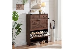 Barnyatoh Shoe Storage Cabinet, Farmhouse Shoe Organizer with 2 Hidden Flip Drawers & 2 Drawers, Narrow Freestanding Shoe Rack Cabinet with Adjustable Shelves for Entryway Hallway,Rustic Brown