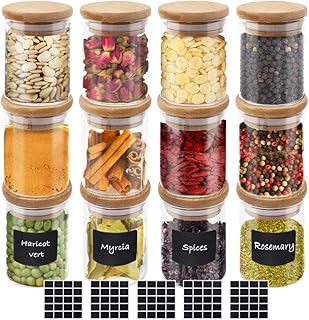 CDWERD 12 Stück Gewürzgläser 100ml Glas-Gewürzdosen mit Hochwertigem Holzdeckel aus Bambus und 100 Stück Leeren Quadratischen Aufklebern zur Aufbewahrung von Teekräutern und Gewürzen