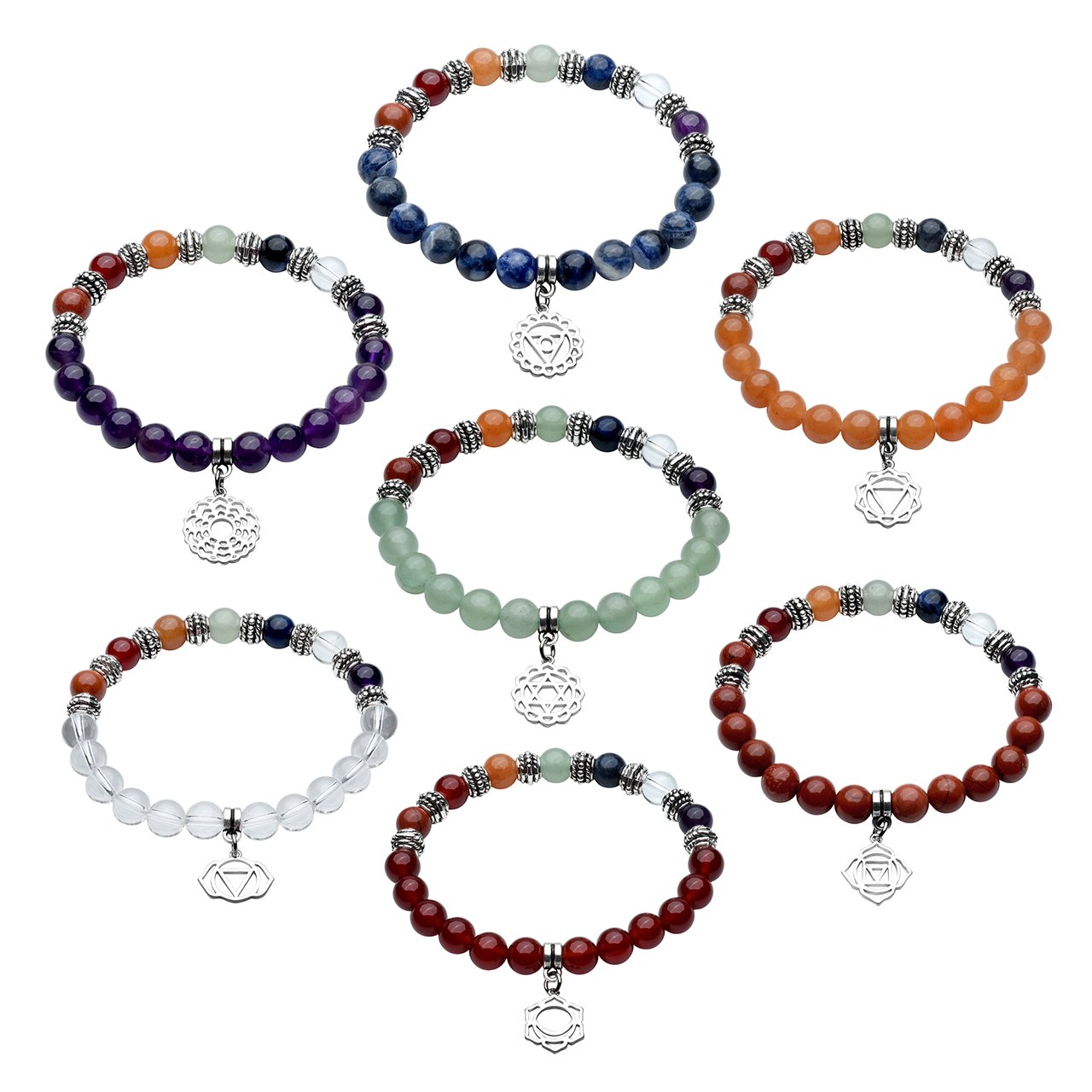 QGEM 7pcs/Set Bracelet en Pierre Chakra Naturelle avec Pendentif Muladhara d\'Energie Perle Reiki Bonheur