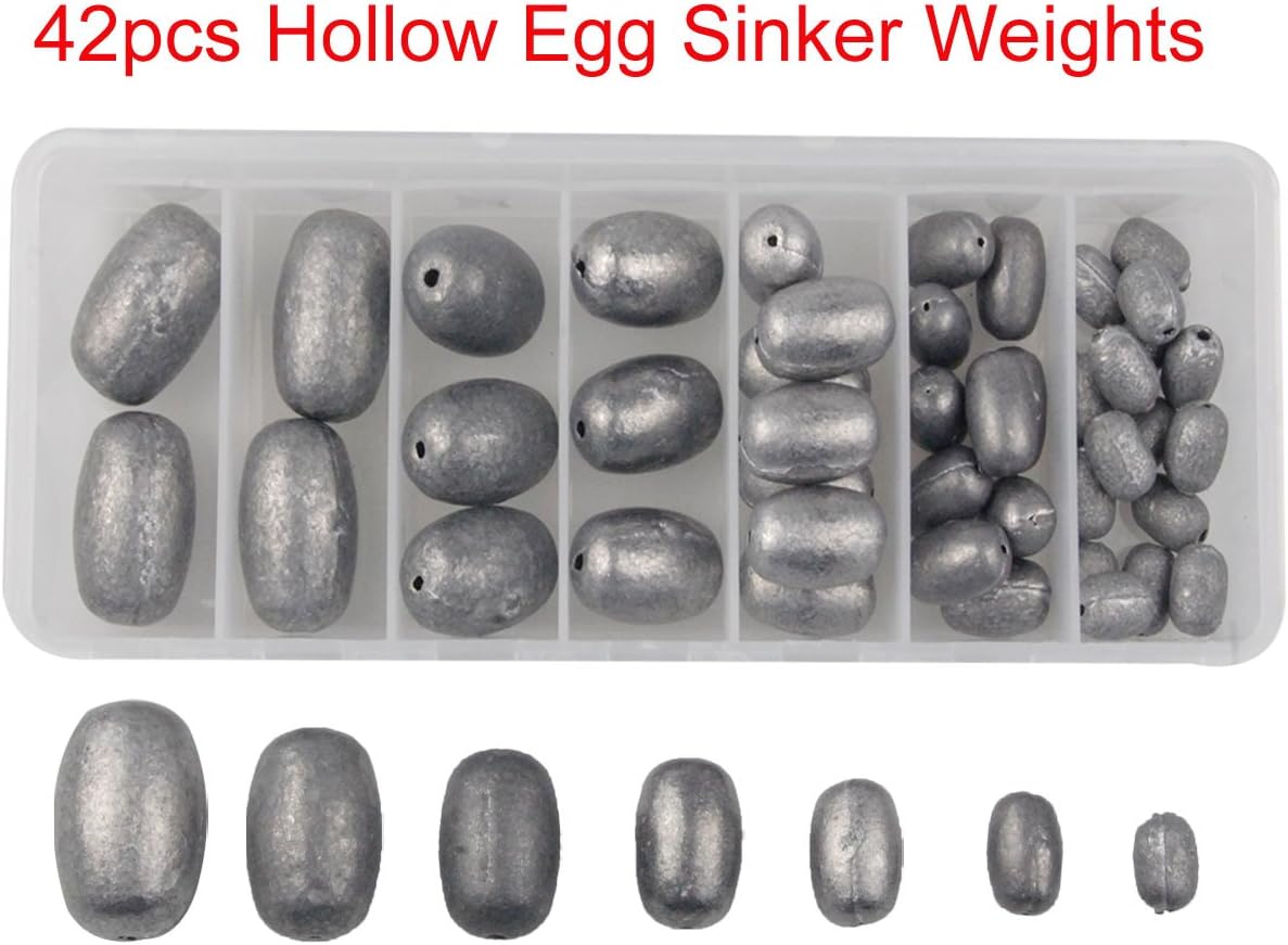 JSHANMEI 42Pcs/box Mixed Size Fishing Egg Sinker Weights Olive Egg Fishing Sinkers Hollow Casting Weight Sinkers Kit,Used for Catfish Carp Rigs,Fishing Hooks,Fishing Wire Leaders,Fishing Rigs